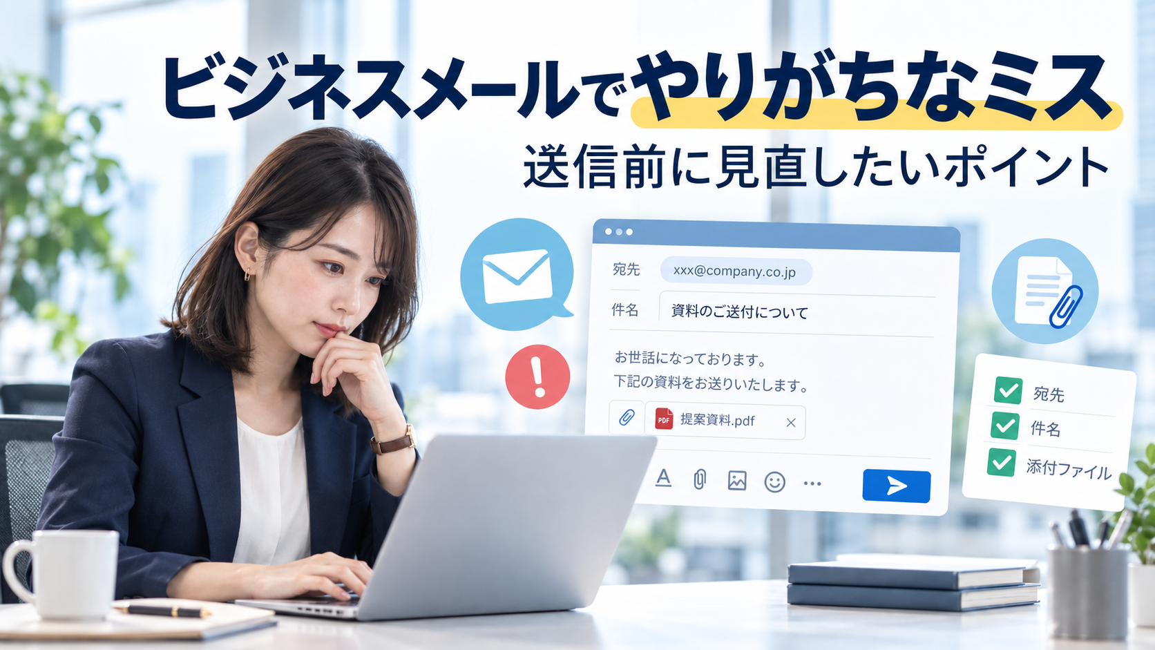 ビジネスメールでやりがちなミスと送信前に見直したいポイントを示すイメージ