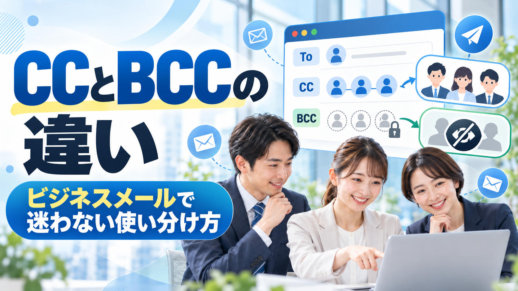 CCとBCCの違いとビジネスメールでの使い分けを示すイメージ