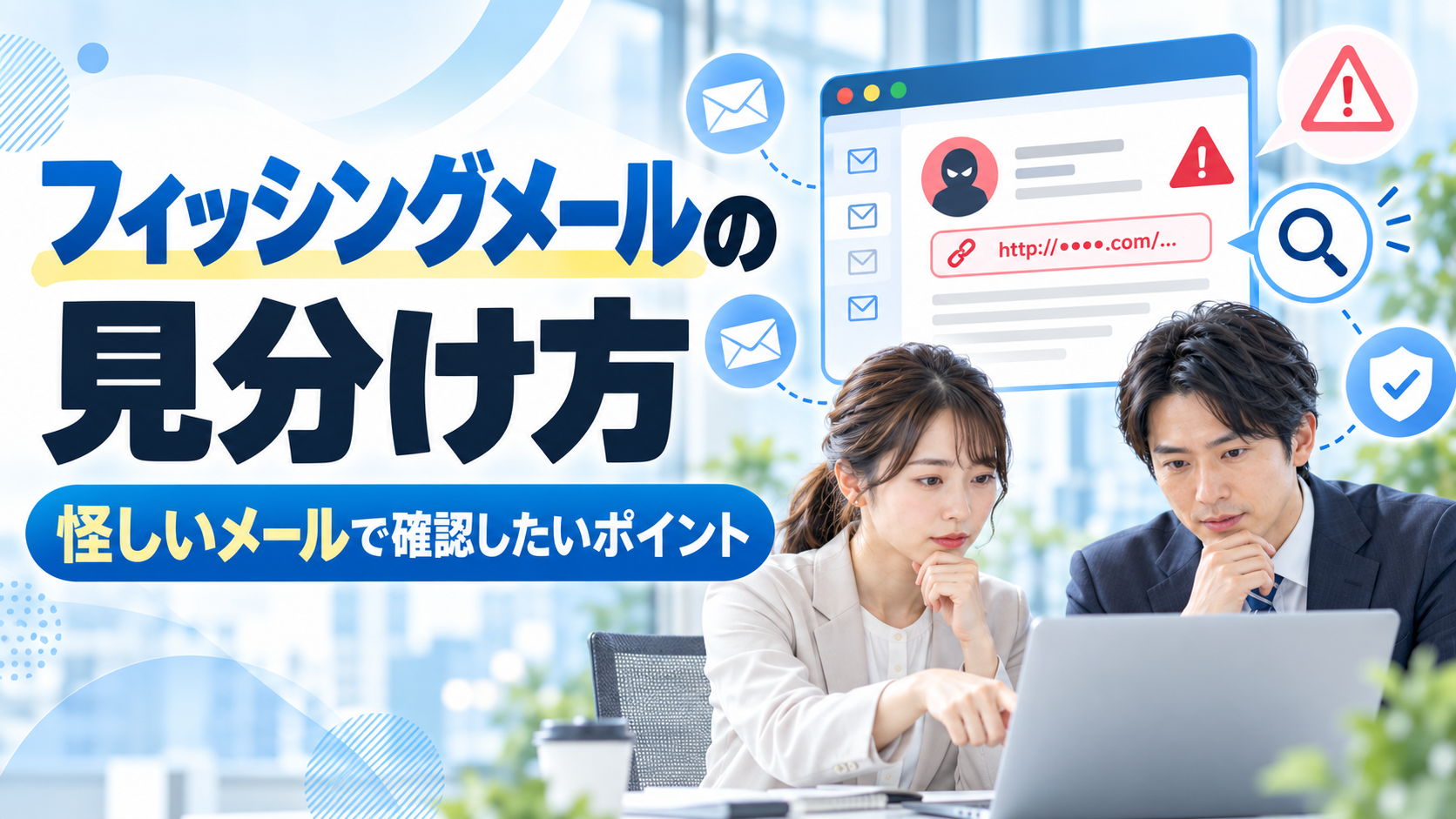 フィッシングメールの見分け方と怪しいメールで確認したいポイントを示すイメージ