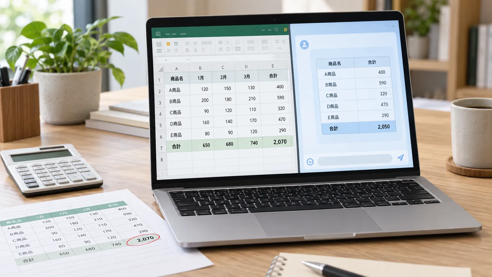 Excelの表と生成AIの集計結果を並べて表示し、合計金額の違いを確認するノートパソコン