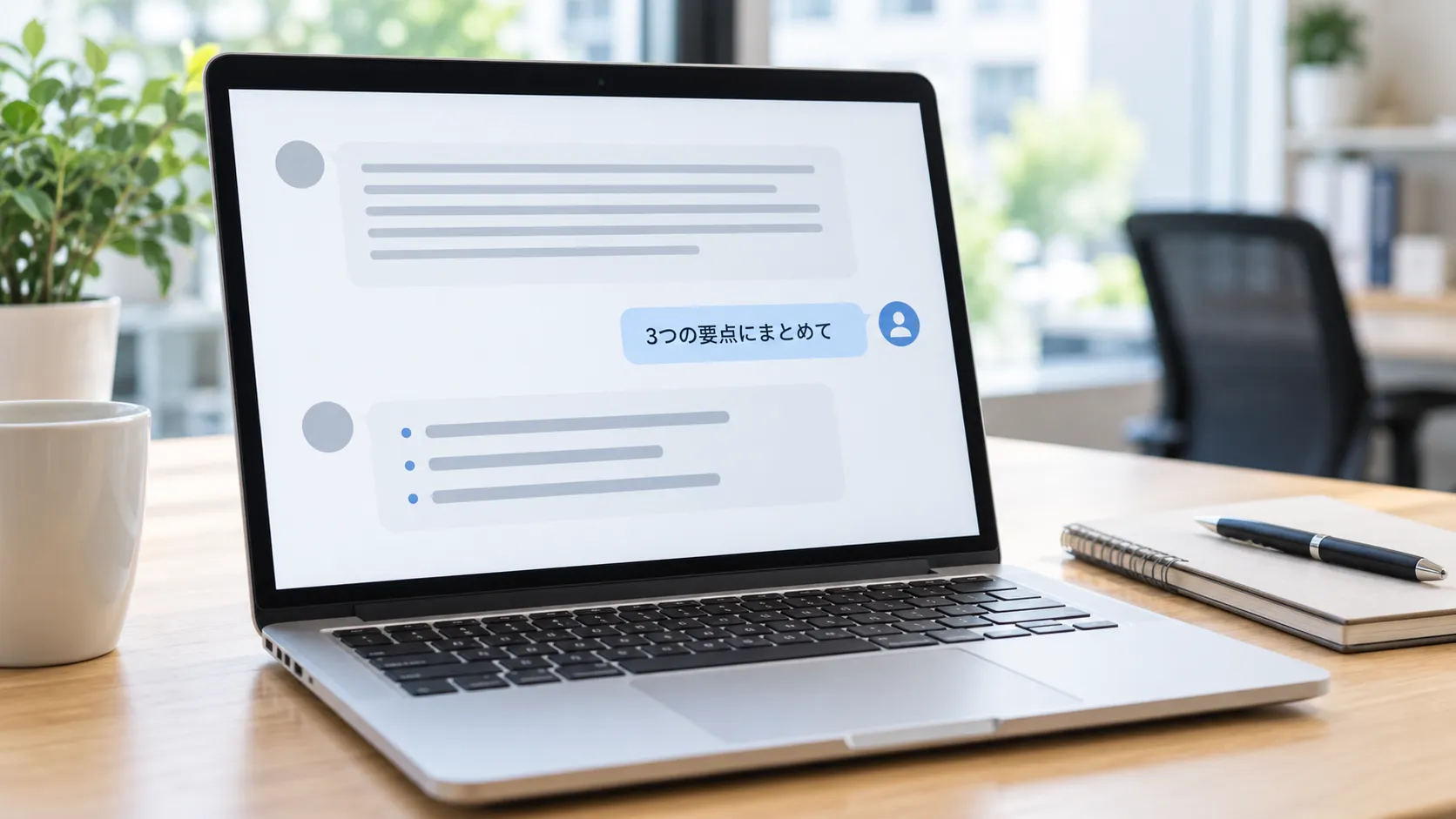 生成AIに追加指示を送り、回答を3つの要点に整理しているノートパソコンの画面