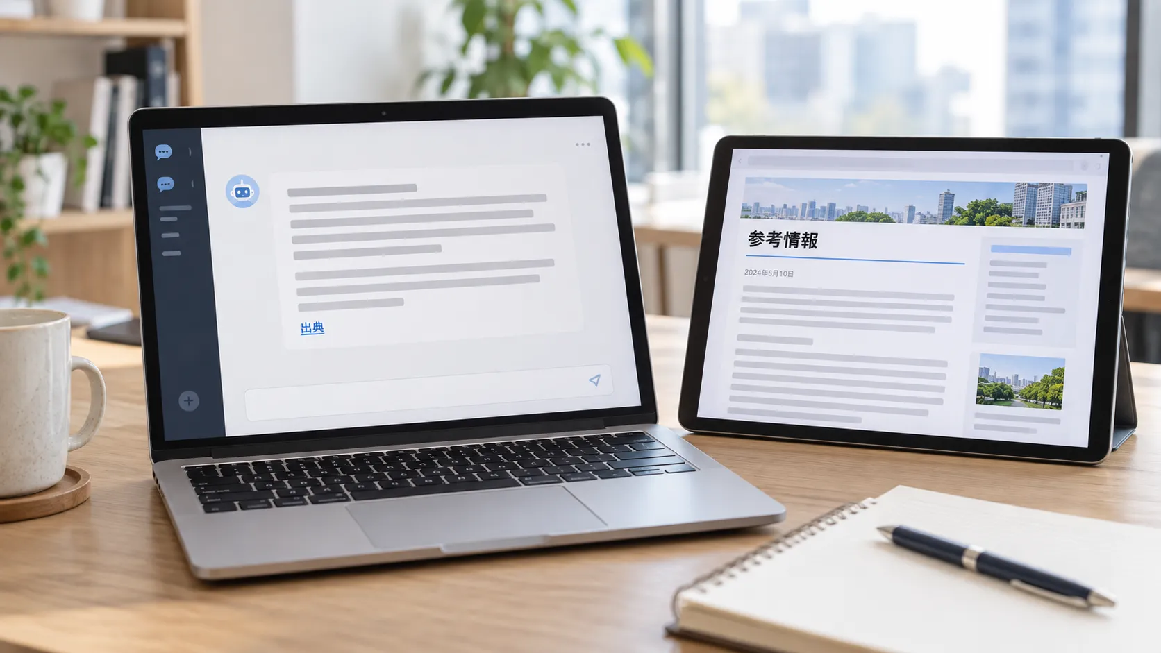 生成AIの回答を表示したノートパソコンと、出典の参考情報ページを表示したタブレット
