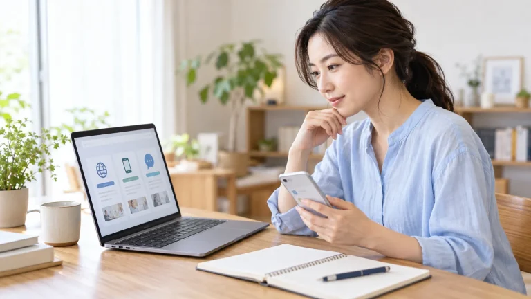 ノートパソコンで学習分野の一覧を確認し、スマートフォンを手にする女性